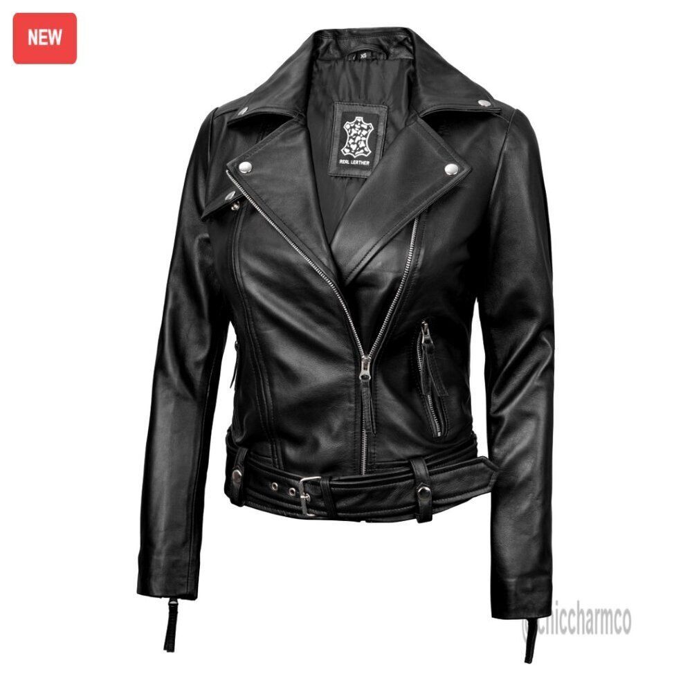 Real Lambskin Leather Jacket for Women, Asymmetrical Style with Adjustable Belt